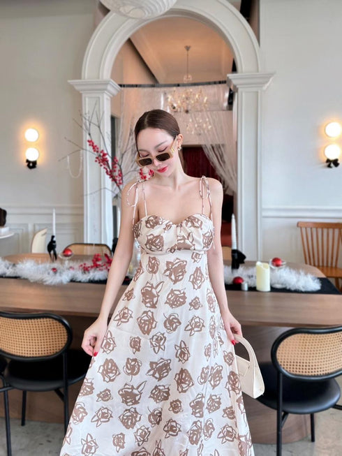 SIRINNN Floral Spaghetti Strip Padded Long Dress